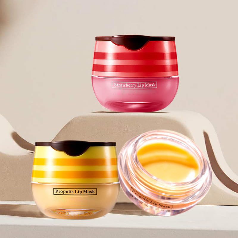 2 Pcs Lip Balm Honey Pot, Honey & Strawberry Moisturizing Lip Mask Reduces Lip Lines, Prevention Dry and Cracked Lip Scrubs Exfoliator. (Honey & Strawberry)