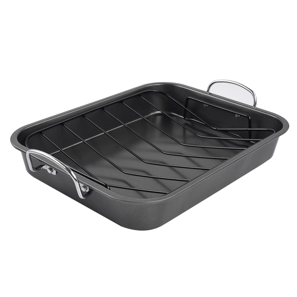 kitCom Nonstick Roasting Pan, Roaster with Rack - 16 Inch Rectangular Grill Suitable for Turkey, Roast Chicken, Ham, Dishwasher Safe (9.5QT)
