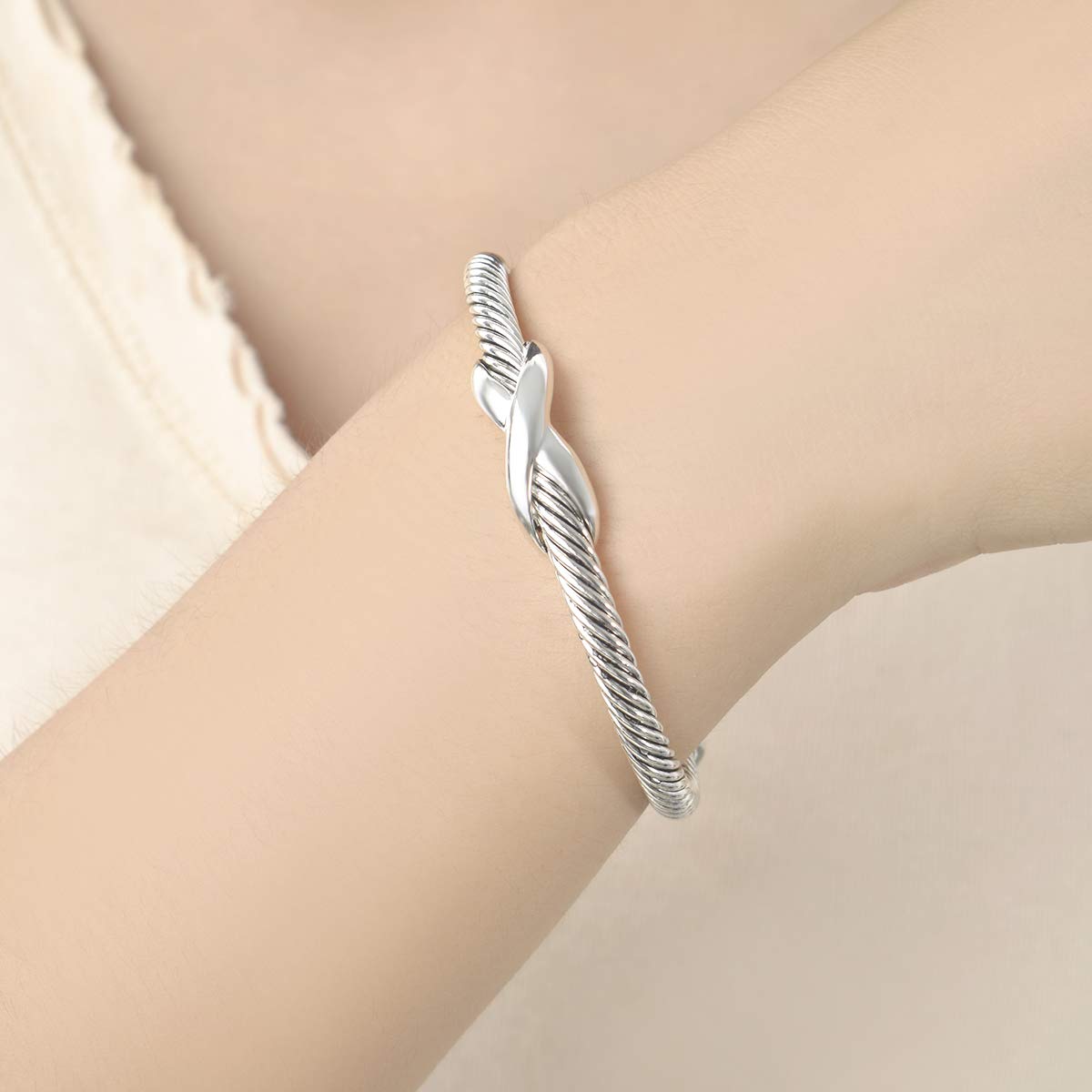UNY Jewelry Bracelet Criss Cross X Shape Infinity Twisted Cable Wire Open Bangle Designer Inspired Women Jewelry Christmas Gifts (Single Silver)