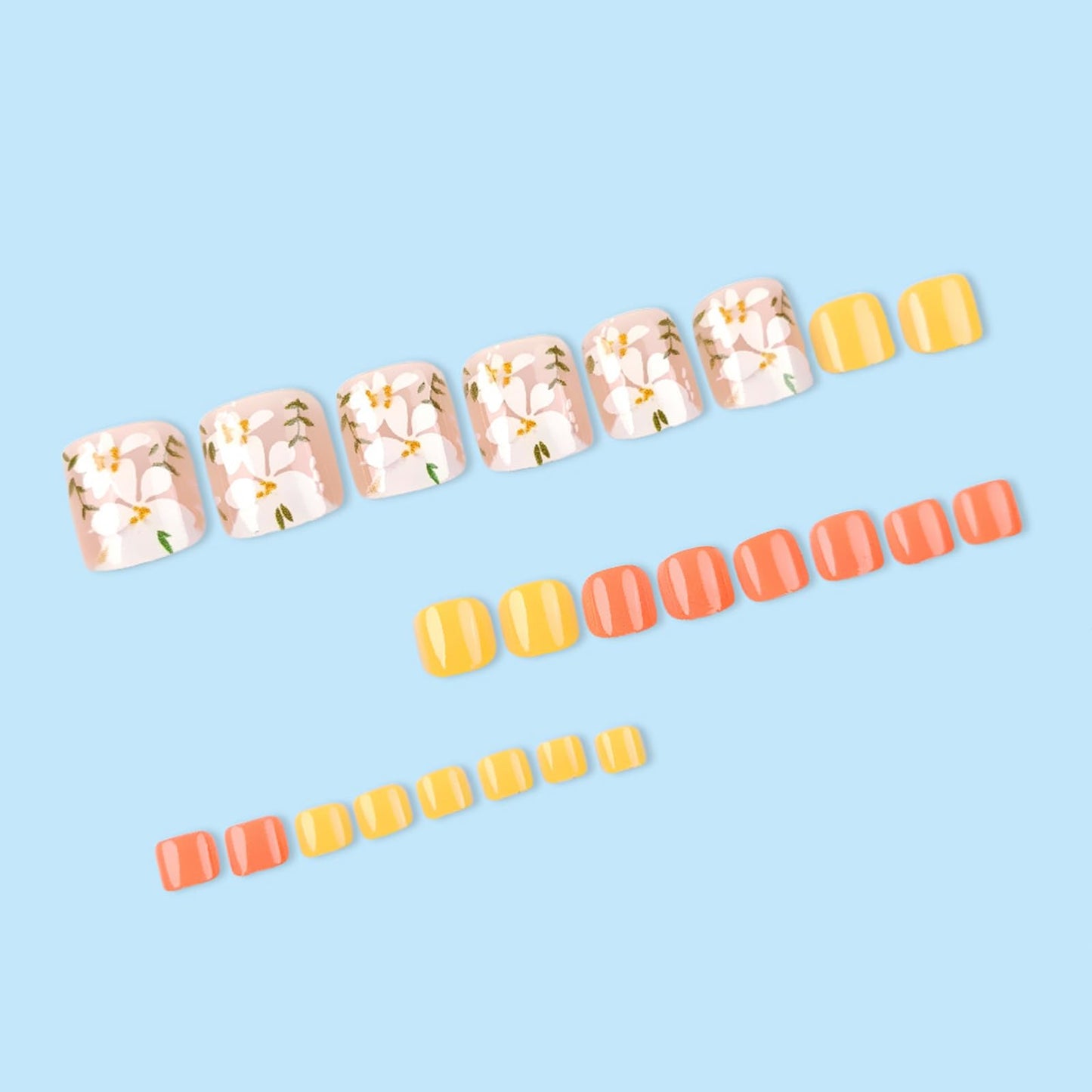 IMRAIN Flower Press on Toe Nails Short Square Fake Toenails with Flower Designs Orange Yellow Full Cover Acrylic False Toenails Summer Glue Stick on Toe Nails for Women 24Pcs