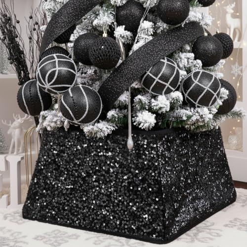 XmasExp Christmas Tree Collar, 24 inch Sequin Halloween Tree Skirt Stand Base Cover for Home Decor, Medium Size 4 Piece Black