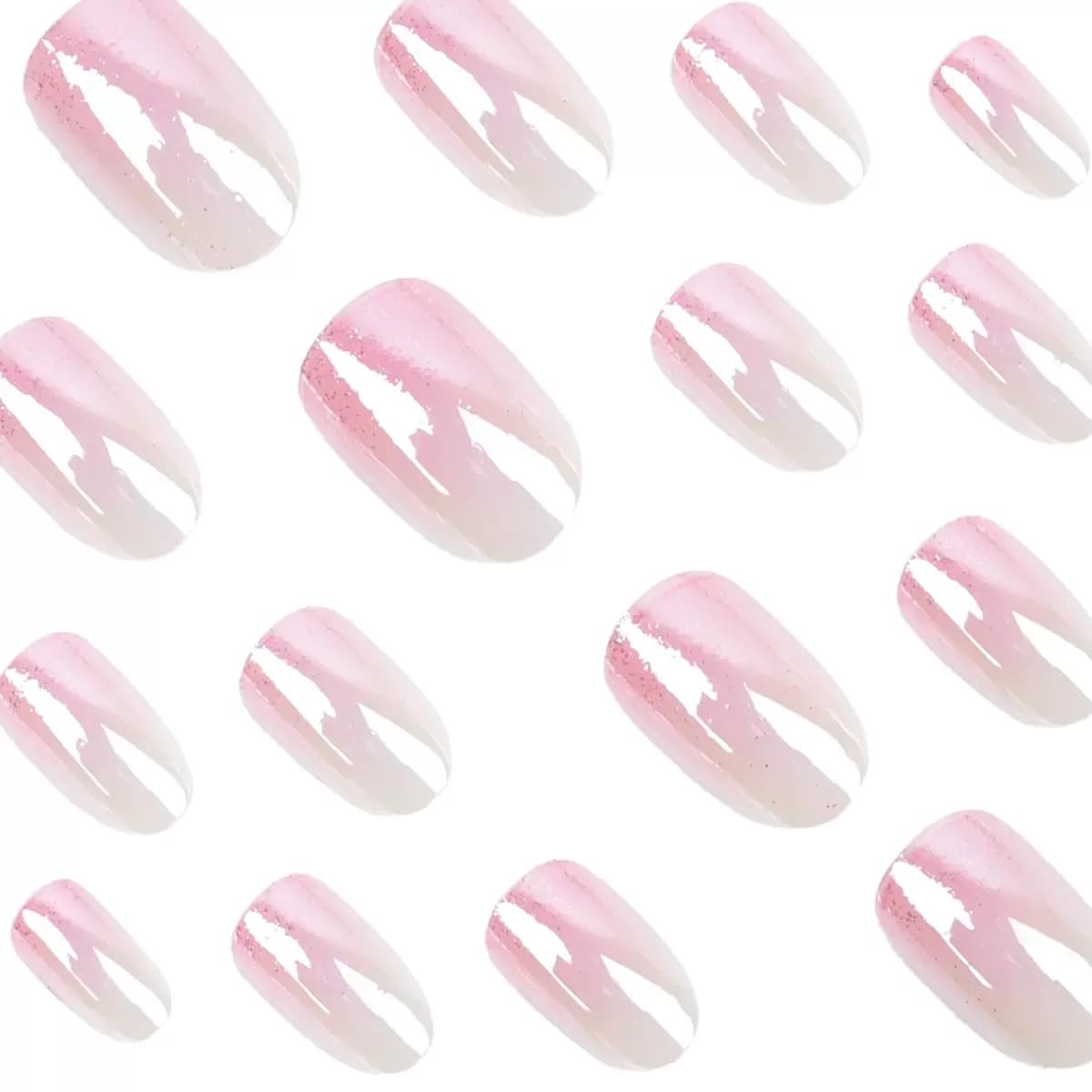 Short Press on Nails Almond - Pink Fake Nails with Ombre Chrome Design - Glitter Glossy Full Cover Stick on False Nails - for Women 24 Pcs