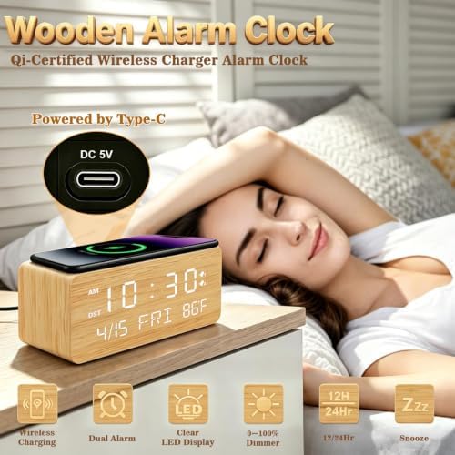 Andoolex Wooden Digital Alarm Clock with Wireless Charging, 0-100% Adjustable Brightness Dimmer and Alarm Volume, Weekday/Weekend Mode, Dual Alarm, Snooze, 12/24H, Wood LED Clock for Bedroom (Bamboo)