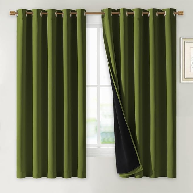 NICETOWN 100% Blackout Lined Curtains, Olive Green, 1 Pair, 70" Width x 63" Length Each Panel, 2 Thick Layers Completely Blackout Window Treatment Thermal Insulated Drapes for Kitchen/Bedroom