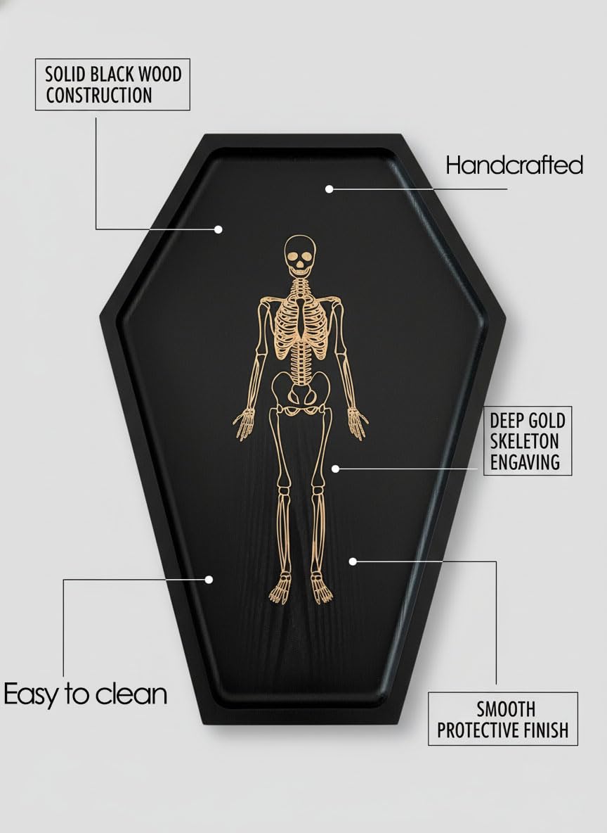 15.7" Solid Wood Coffin Charcuterie Boards with Skeleton Engraving, Halloween Serving Dish Tray, Gothic Cheese Board for Food Fruits Snack, Goth Kitchen Accessories