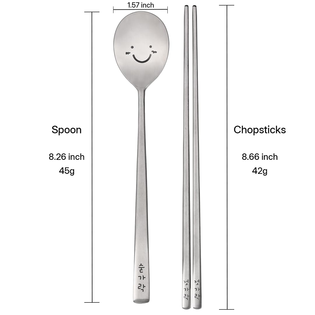 BAPMOO Korean Cute Happy Spoon and Chopsticks Set Long Handle Stainless Steel Good for Gift Hangul Characters Engraved Silver