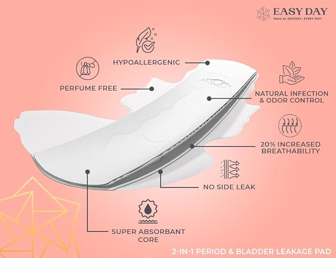 EASYDAY Heavy Flow(2-in-1 Period & Light Bladder Leakage Feminine Pads) with Wings, Sensitive Skins, Unscented, Breathable, Ultra Thin Innovative Leak Guard, Individually Wrapped [Patented] (28)