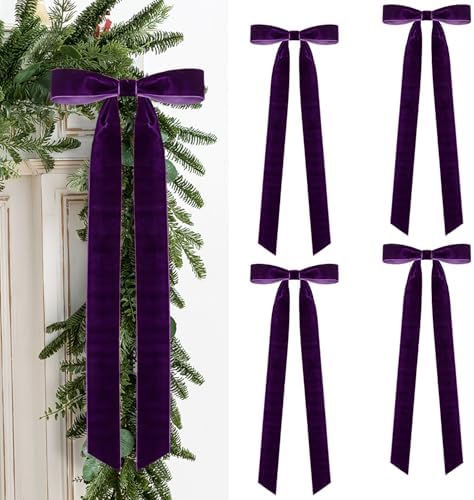 Velvet Bows for Christmas Tree Pack of 4 Large Rustic Crafts Gift Wreath Bow Ornaments for Xmas Topper Staircase Home Wedding Outdoor Interior Decor, 2" Width, 23 x 8.7 Inch (4, Purple)