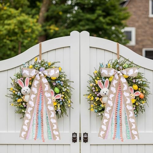 Suncalla 2 Pcs Easter Rabbits Ribbon Bow for Wreath Front Door