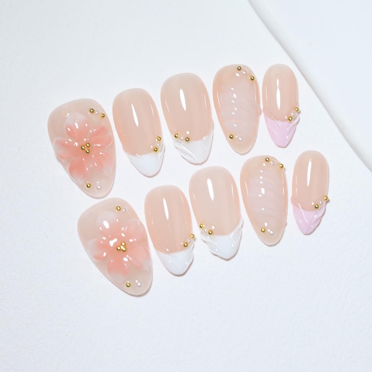 10 Pcs Short Almond Handmade Press On Nails | 3D Pink Floral & French Tip, Pink Swirl & Gold Dot Accents| Skip Salon Trips, Easy to Apply & Remove, Reusable (RR09, XS)