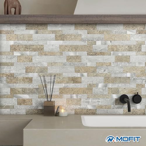 MOFIT Backsplash Tile for Kitchen Peel and Stick Stone Matte Finish,Bathroom Tiles Stickers 3D Wall Panel Linear Mosaic Marble Backsplash Waterproof(5sheets,Castle Brown) - color: Castle Brown, size: 5sheets