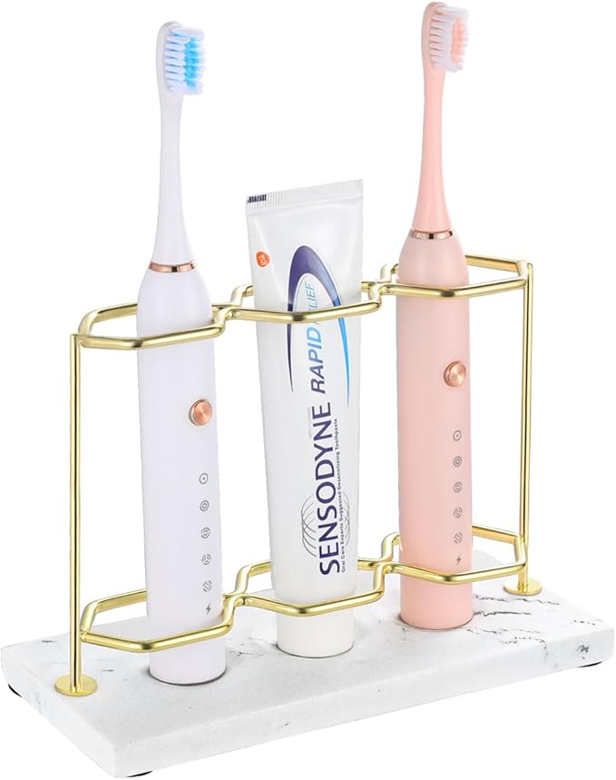 Emibele Toothbrush Holder, Resin Electric Toothbrush Holder with 3 Slots 2 Layers, Non-Slip Bathroom Accessories Organizer Toothbrush Toothpaste Razor Cleanser, Gold Marble White