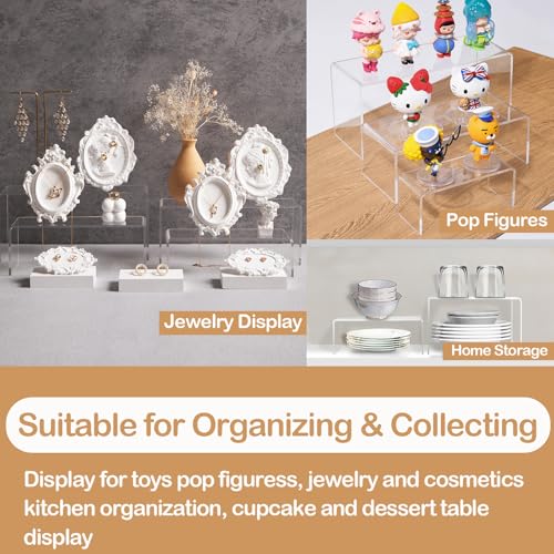 MerryNine Acrylic Risers Display Stands, 8 Pcs 2 Set Clear Acrylic Shelves, Plastic Display Risers for Retail, Vinyl Figures, Cupcake, Jewelry, Dessert Display, No Assembly, Scratch-Resistant (Rectangular-4mm-8pcs)