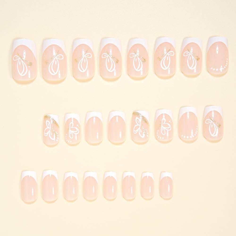 White French Tip Press on Nails Medium Square Fake Nails with Butterfly Design Glossy Full Cover Stick on False Nails for Women 24 Pcs