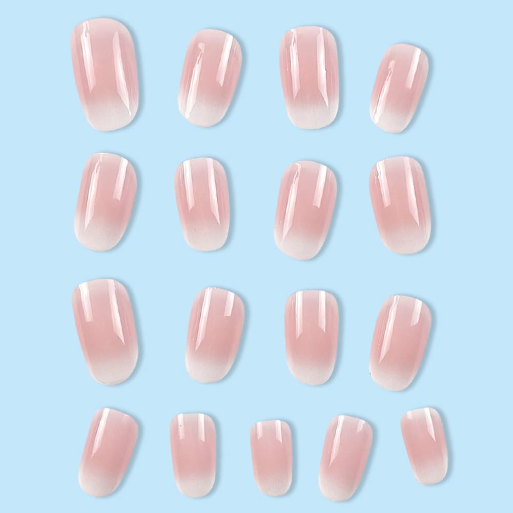 Almond Medium Round Pink Ombre False Nails - 24pcs Press On Acrylic Nails with Gloss Designs