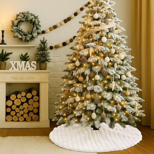 Faux Fur Christmas Tree Skirts, 36 inches Plush Fluffy Christmas Tree Skirt with Stripe Textured Pattern for Christmas Tree Decorations (90CM, White Stripe)