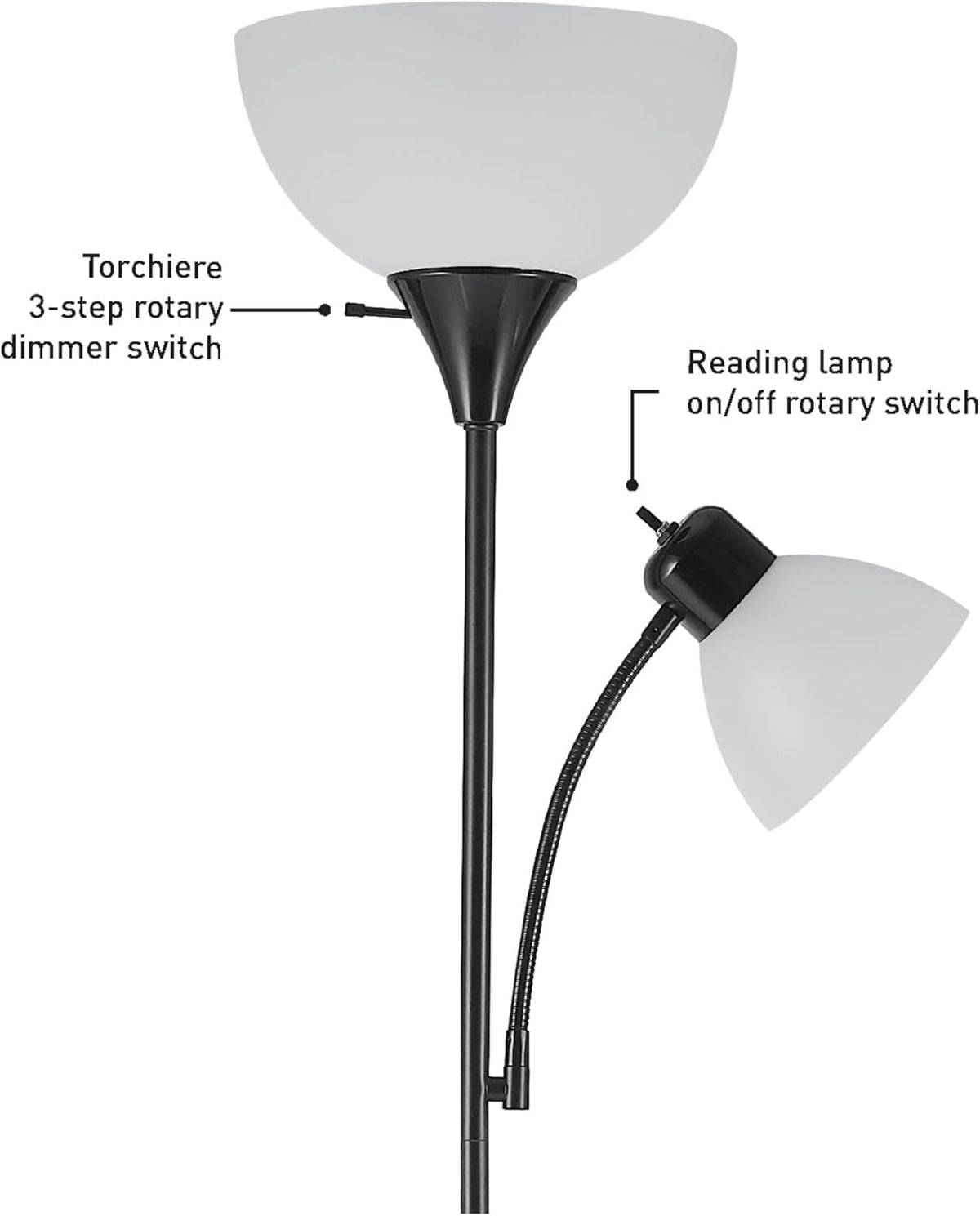 GLOBE Electric 67135 72" Torchiere Floor Lamp and Adjustable Reading Light, Matte Black, Frosted Shade, Dual Rotary Switch, 3-Step Dimming, Modern Lighting for Living Room or Office
