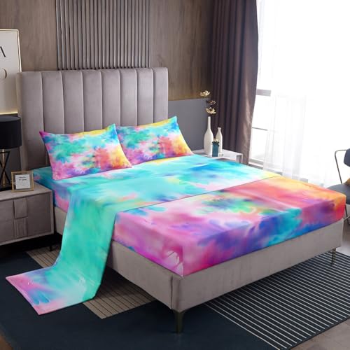 Tie Dye Bed Sheets Boho Psychedelic Sheet Set Colorful Rainbow Bedding Sheets & Pillowcases Sets Trippy Bohemian Gypsy Fitted Sheet for Kids Girl Women Watercolor Batik Flat Sheet Queen,2 Pillow Cases - color: Multi 06, size: Queen