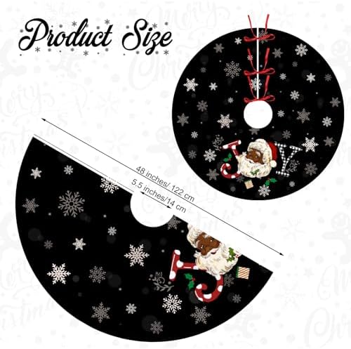 Tiamon Christmas Tree Skirt 48 Inch Black Santa Tree Skirt African American Xmas Tree Mat Decor Snowflake Joy Santa Claus Tree Decor for Winter Holiday Christmas Tree Decoration Supplies (Black)