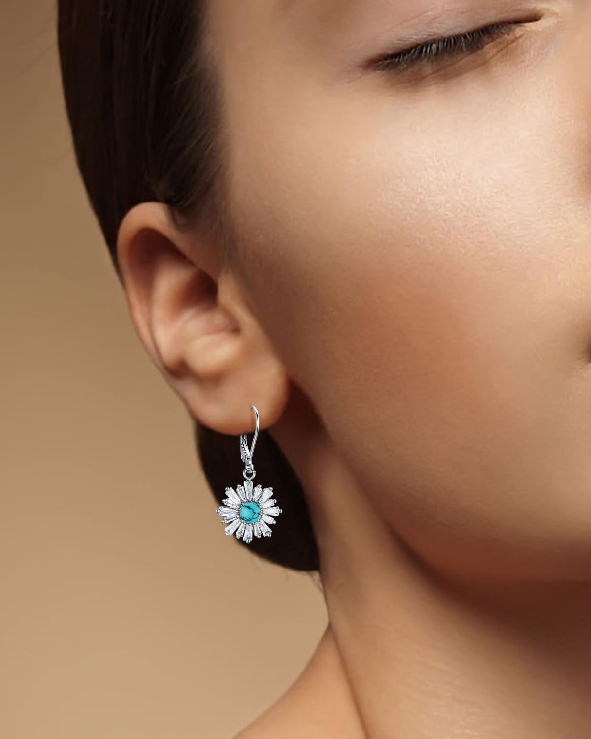 BDL Cubic Zirconia Flower Genuine Turquoise Leverback Earrings Sterling Silver Dangle Drop Jewelry for Women
