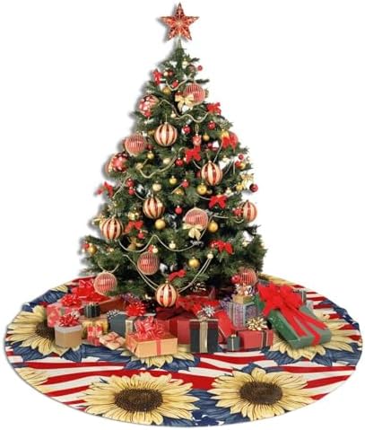 Flags with Sunflowers Christmas Tree Skirts 30", Xmas Tree Cloth Mats Trees Skirts for Decor Gift, Home Decoration