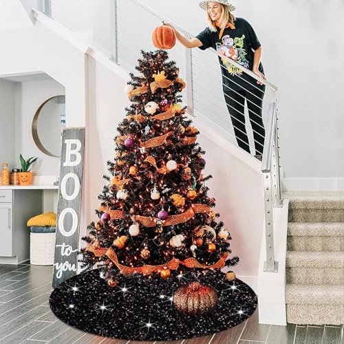 FUHSY 36 Inches Sequin Velvet Christmas Tree Mat Black Glitter Embroidered and Sequined Tree Decorative Skirts Sparkly Personalized Tree Skirts for Christmas Halloween Tree Skirt for Holiday Party