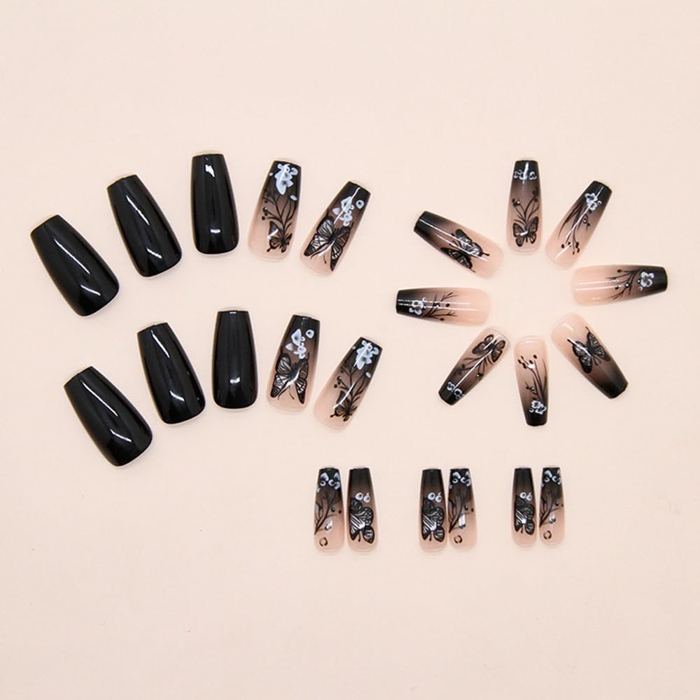 Medium Press on Nails Ballerina Square Dark Gradient Butterfly Flowers Design Fake Nails Press ons Ombre Acrylic False Nails Glue on Nails Reusable Nail Tips Full Cover Stick on Nails for Women 24Pcs