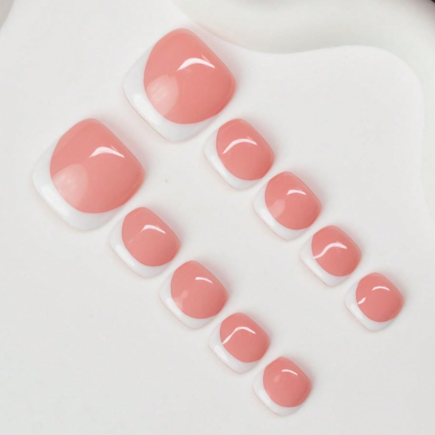 Luxury Press on Toenails Short Square Handmade 3D Unique Reusable ABS Material Fake Toenails White French Tip Press on Nails Elegant Glossy Glue on Toenail Thick Acrylic Toenail(S)
