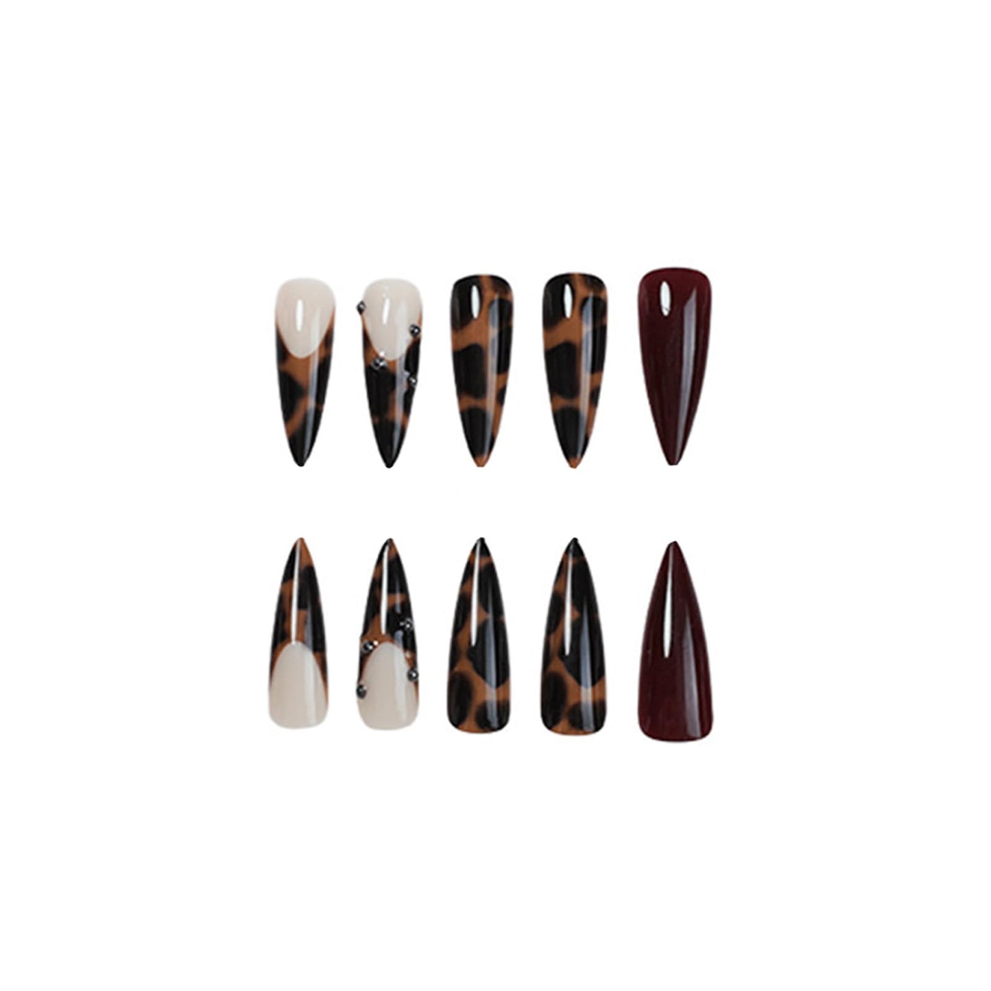 SINHOT Stiletto Press on Nails Long Fake Nails - Glossy Finish, Leopard Print & Brown Design, DIY Artificial False Nail Art - 24 Pcs Nail Kit with Glue