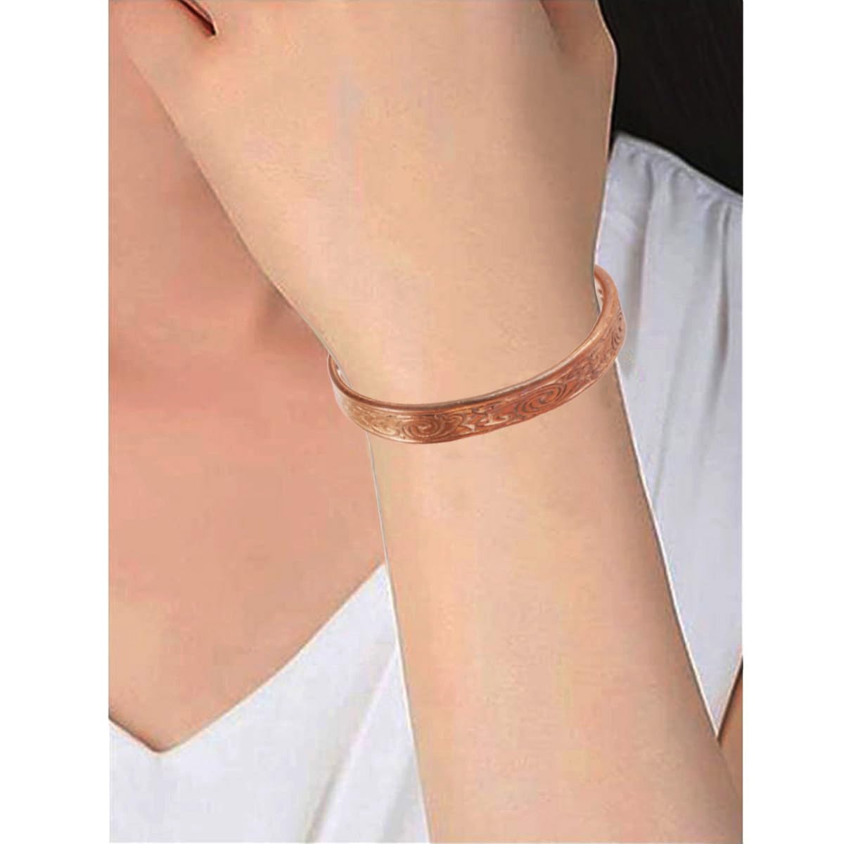 Touchstone handcrafted magnetic copper bracelet. Hand forged with solid and high gauge Tibetan style engraved cuff pure copper jewelry for women men. Elegant minimalist design.