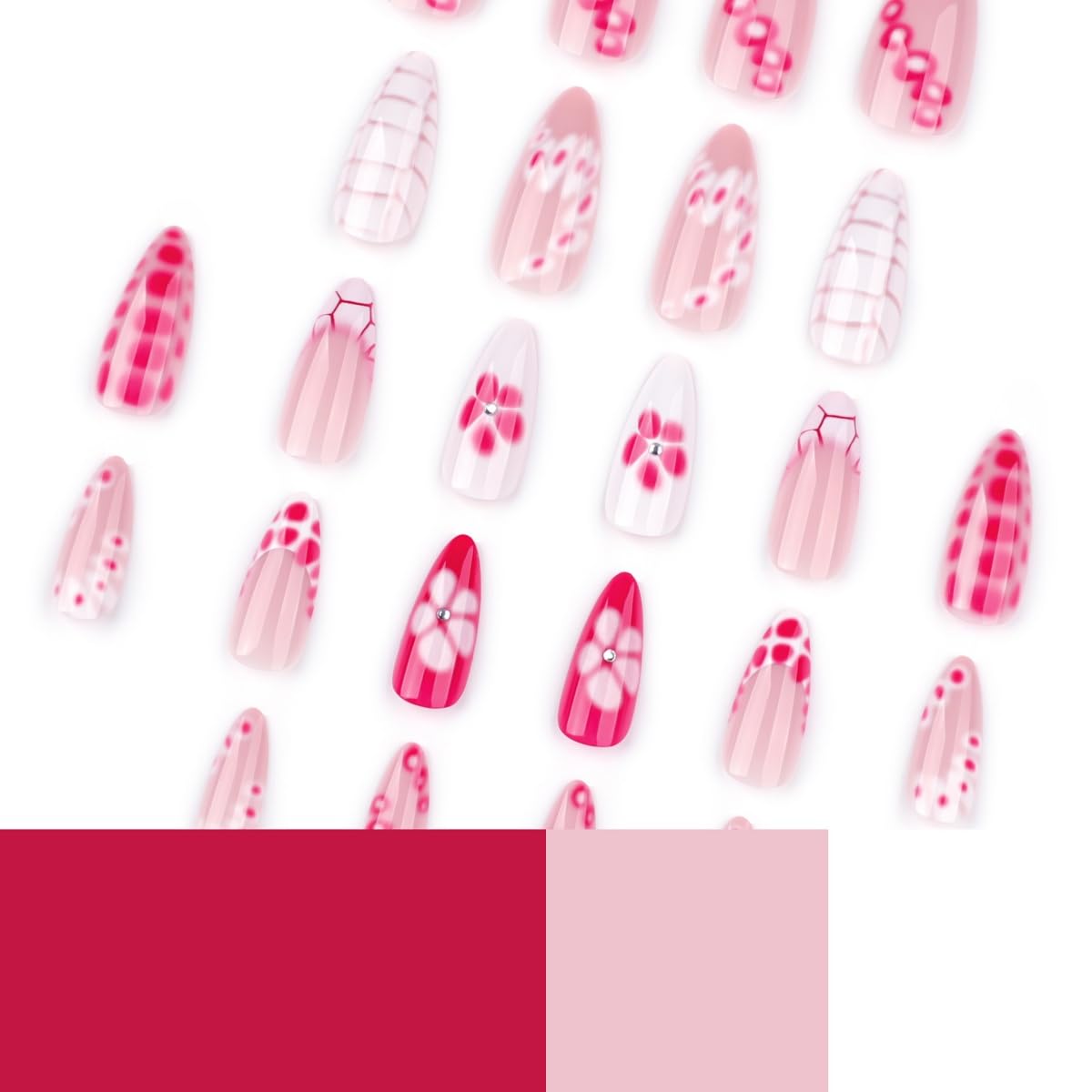 French Tip Press on Nails Medium Almond Summer Flower Fake Nails with Glue Gemstone Stick on Nails Full Cover Pink White Glossy False Nails for Women DIY Manicure Decoration 24PCS