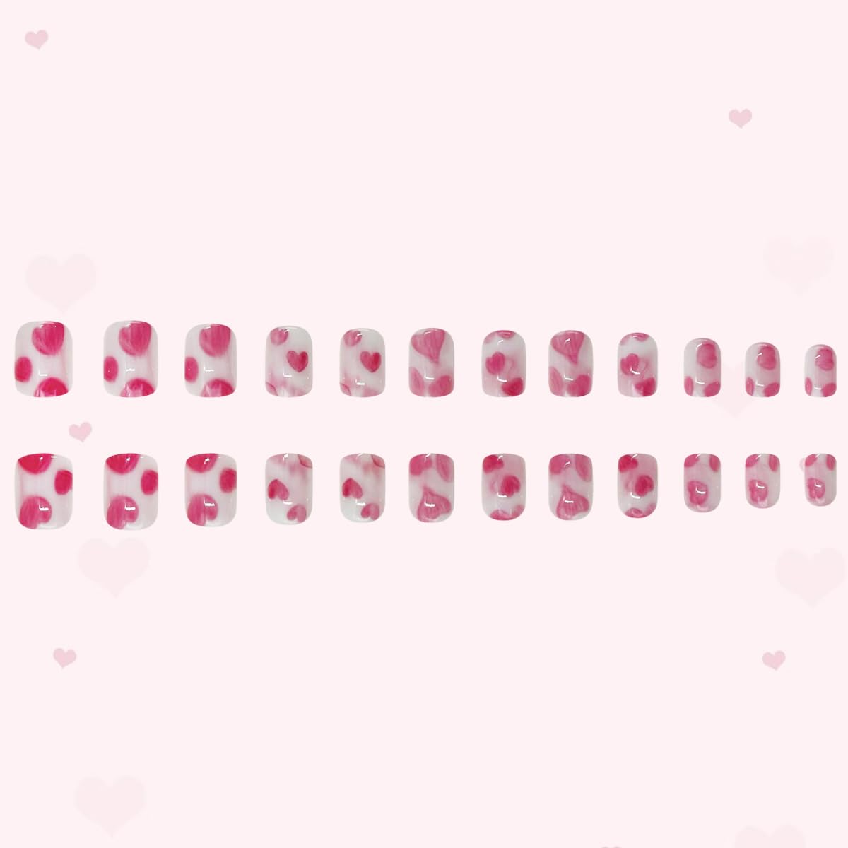 Pink Hearts Press on Nails Short Square Valentine's Day Glossy Acrylic Fake Nails Gradient Pink Stick on Nails for Women DIY Manicure Valentines Nail Decorations Supplies 24Pcs