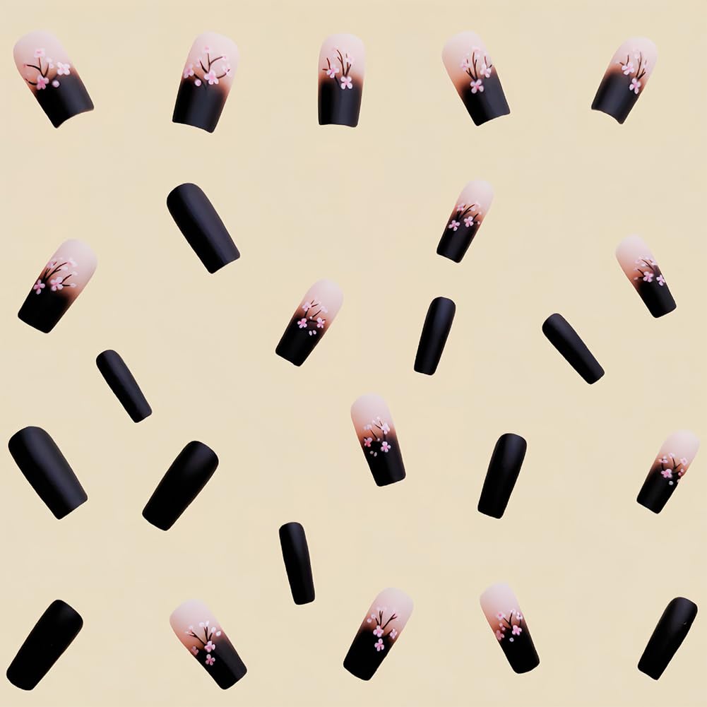Spring Press on Nails 24Pcs Pink Black Ombre Medium Square Press on Nail Coffin Full Cover Fake Nails With Flowers Designs Acrylic Nail Press Ons Kit Press on Nails For Women