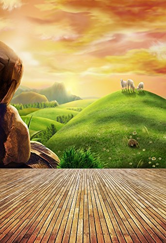 AOFOTO 6x8ft Photography Backgrounds Photo Backdrop Dreamy Pastoral Scenery Cartoon Painting Rosy Clouds Sheep Grass Hillside Wood Floor Props Video Studio Baby Kid Artistic Portrait Vinyl Wallpaper - size: 6x8ft
