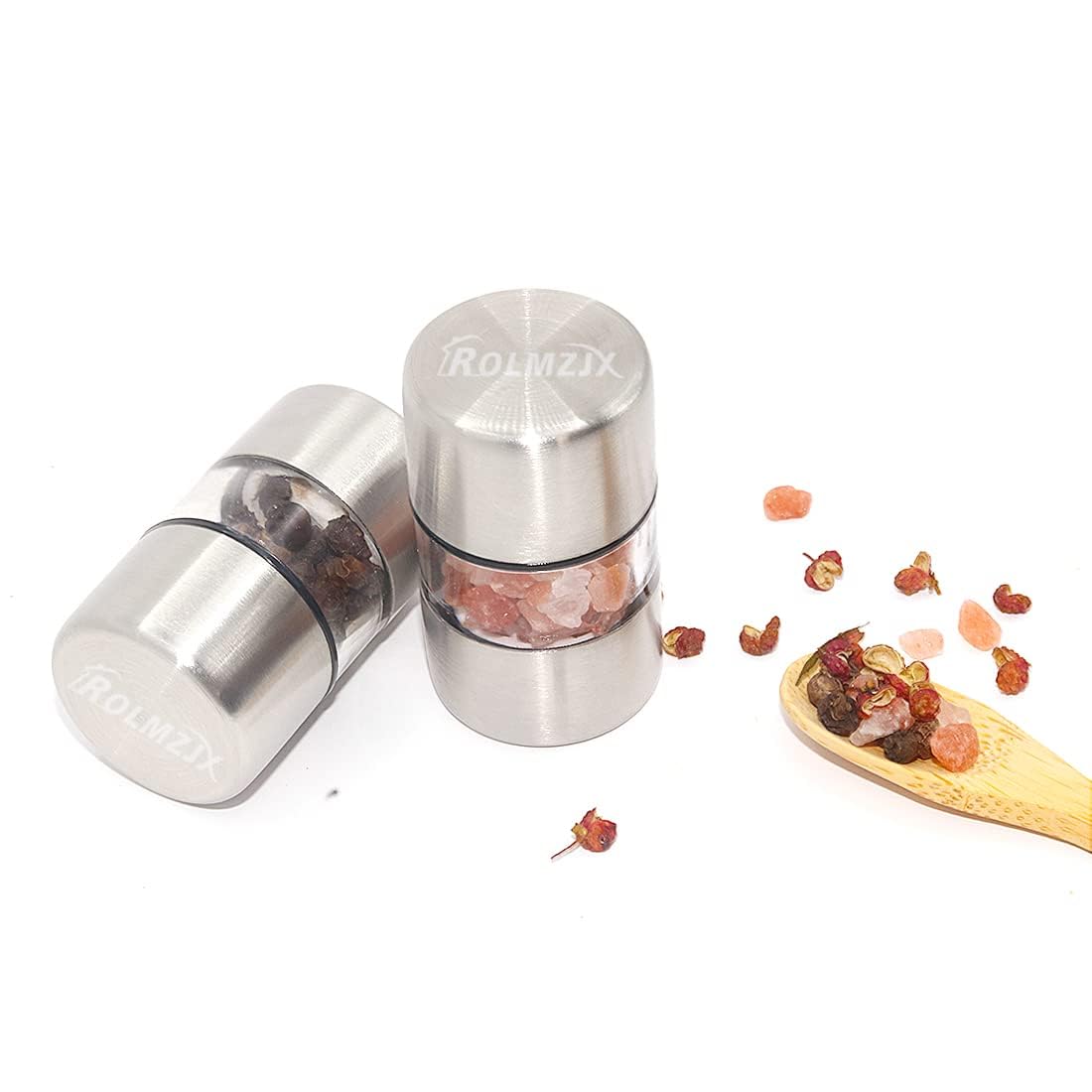 ROLMZJX 2 Pcs Mini Salt and Pepper Grinder Set,Travel salt and pepper shakers,mini salt and pepper shakers,Salt Grinder refillable for Kitchen Camping Gift