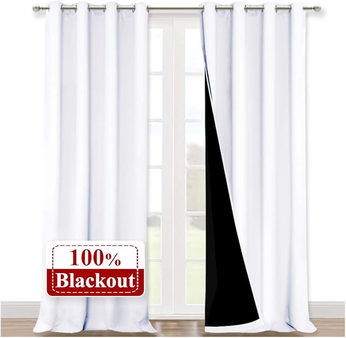 NICETOWN White 100% Blackout Curtains for Windows, Pack of 2, 52 inches W x 120 inches L, Super Heavy-Duty Black Lined Total Darkness Drapes for Bedroom, Privacy Assured Window Treatment for Patio
