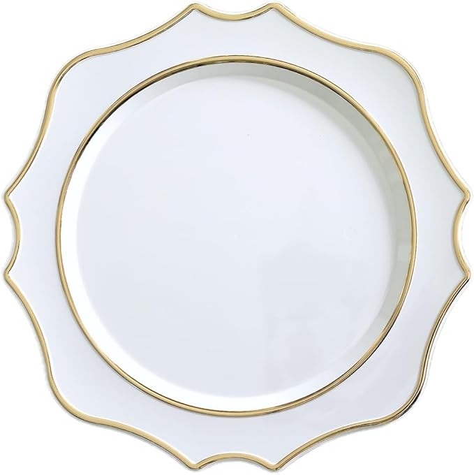 OCCASIONS 40 Piece Heavy Duty Disposable Plastic Charger Plates 13.25" for Party, Wedding, Elegant Dinner, BPA-Free, Premium Tableware – Scalloped Imperial White & Gold