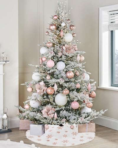 Plush Christmas Tree Skirt White Faux Fur Tree Skirt with Rose Gold Sequin Snowflakes for Merry Christmas Party Tree 36 Inch