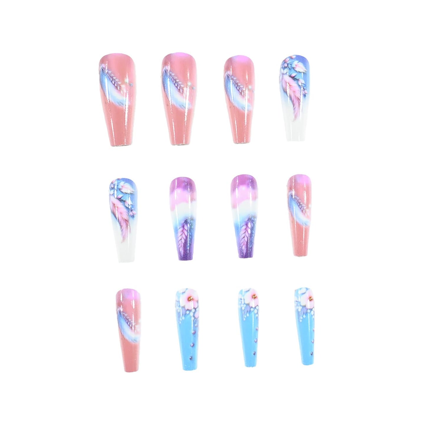 Ballet Shaped Press on Nails Long Length Flower False Nails Pretty Feather and Clouds Design Artificial Nails Blue Gradient Acrylic Nails Glossy Coffin Nails Reusable Stick on Nails for Women 24Pcs