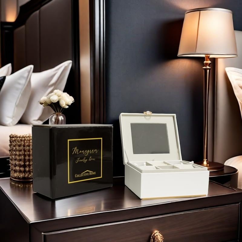 COLLECTIVE HOME - Monogram Jewelry Box with Mirror, Custom Gold Letter Engraving, Elegant Jewelry Organizer with Removable Tray, Gift for Mother’s Day, Girlfriend, Birthday (m)