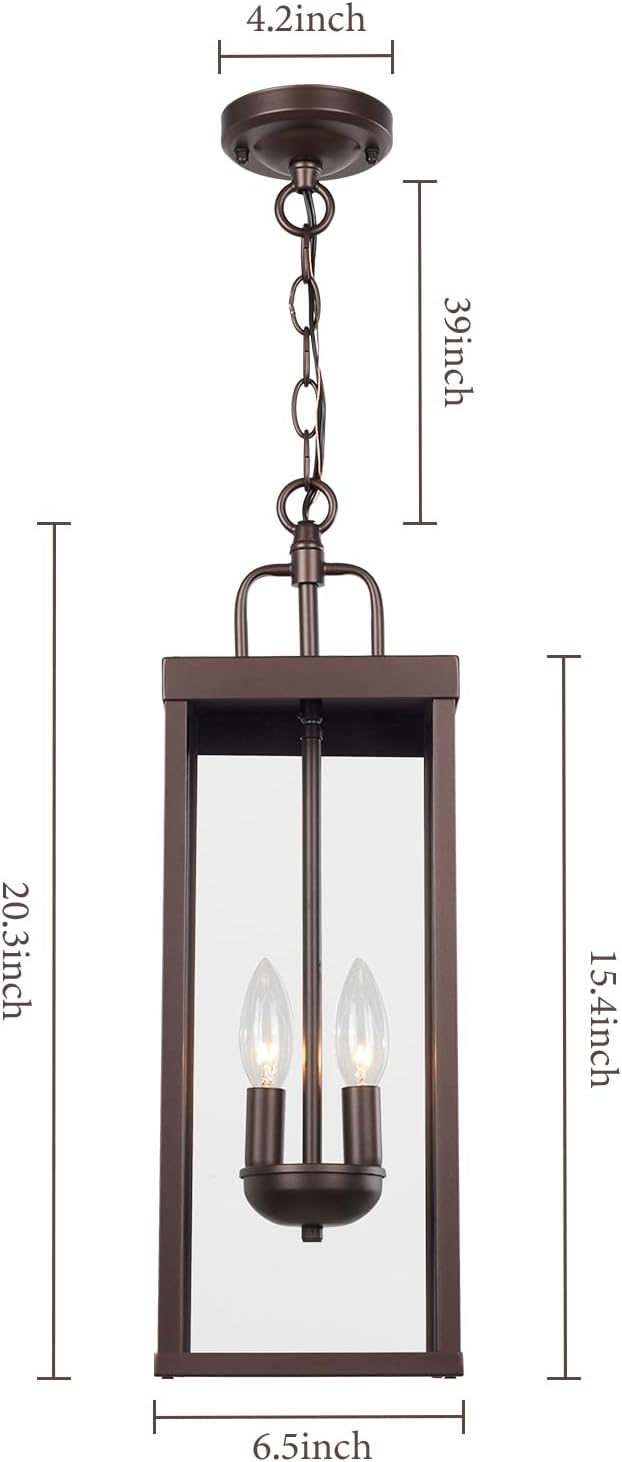 Large Outdoor Pendant Lantern Light Fixture for Front Porch, 20 Inch 2-Light Bronze Exterior Hanging Chandelier with Clear Glass, Outdoor Indoor Pendant Lamp for Patio, Gazebo, RZ008M-H ORB