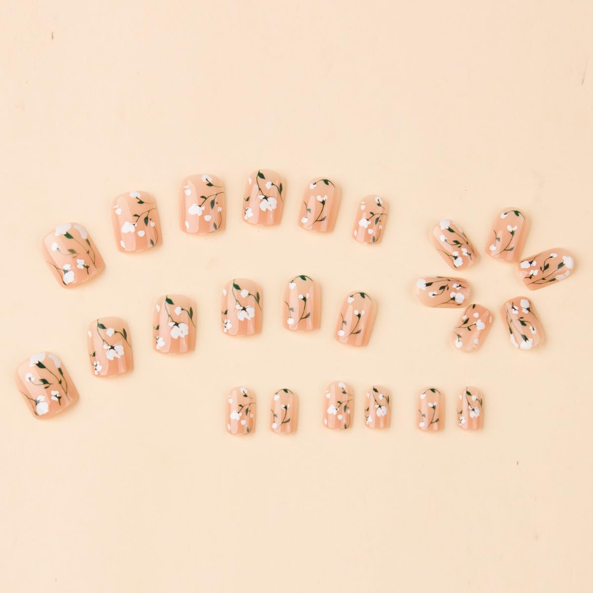 Extra Short Press on Nails Square Fake Nails Nude Nails Press ons with White Flower Designs Spring Summer False Nails Reusable Acrylic Nails Glossy Full Cover Stick on Nails for Women Manicure 24Pcs