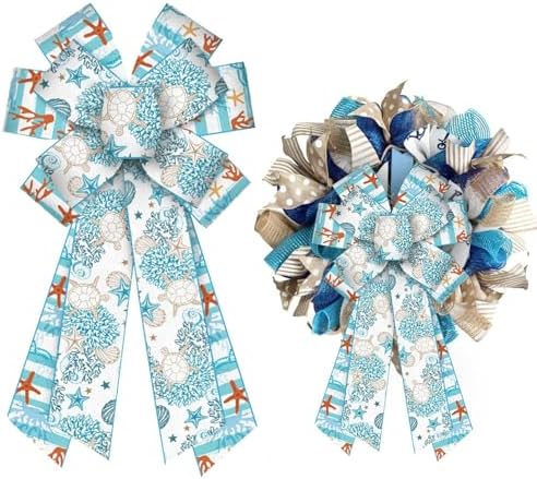Large Summer Wreath Bows - Linen Sea Ocean Burlap Blue Sea Turtle Coral Ribbon Bows for Ocean Theme Decor Indoor Outdoor Tree Topper Wreath Decoration Supplies