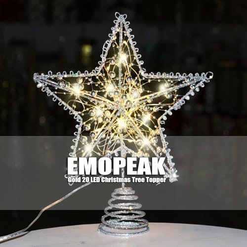 Emopeak Iron Art 20 LED Christmas Tree Topper, 8 x 10Inch Indoor Outdoor Star Treetop Light Two Modes (Keep Light ON/Flash) for 1.5Ft to 9Ft Christmas Tree (Silver, 8 x 10 Inch)