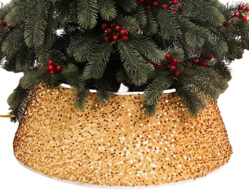 Christmas Tree Collar，Stand Up Tree Skirt，Christmas Tree Ring，Decorative Tree Base Cover for Christmas Decoration in Supermarkets, Hotels, Storefronts, Homes, and Other Places (Round Gold)