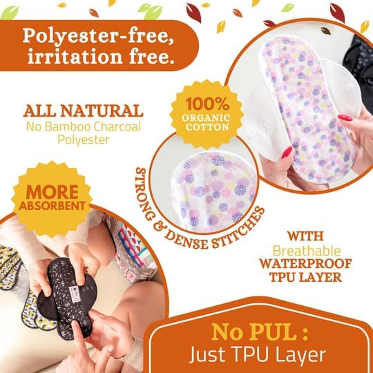 Non-Slip Premium Reusable Period Pads for Light Flow (S+M, 6-Pack); High-Temp Washable Organic Cotton Cloth Pad for Women & Teens; Non-Irritating Reusable Pads Menstrual for Comfortable Period Care