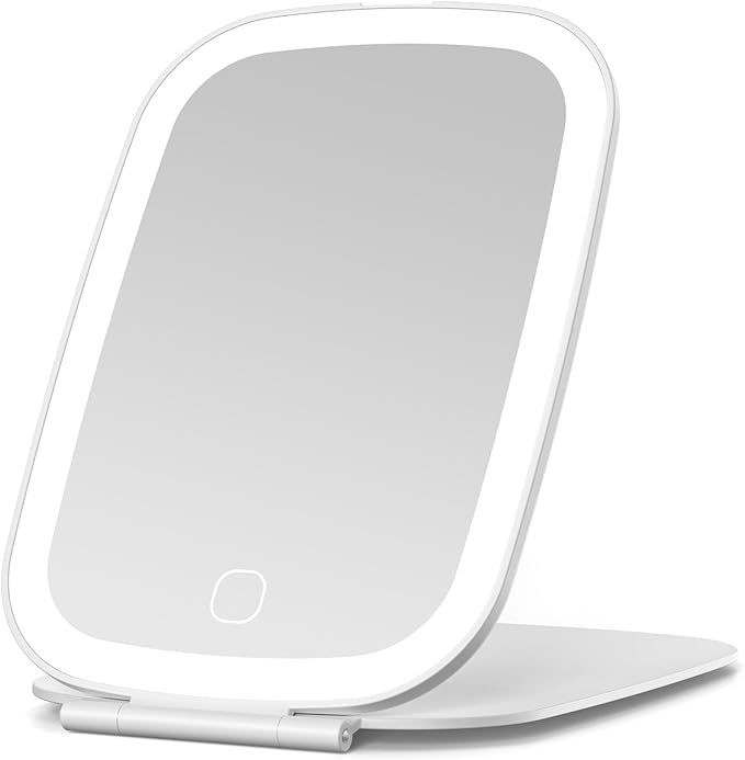 Travel Makeup Mirror, Rechargeable Portable Mirror with Lights, 3 Color Lighting, 7.5 inch Ultra Thin and Lightweight LED Folding Vanity Mirror