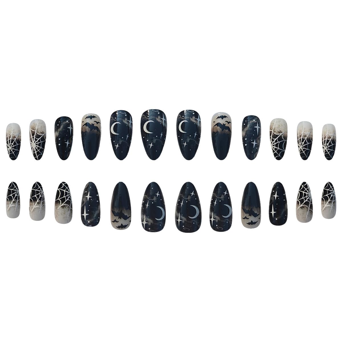 24Pcs Halloween Black Bat Press on Nails Medium Almond False Nails with White Spider Web Star Designs Halloween Glue on Nails Gothic Fake Nails Full Cover Glossy Stick on Nail for Women DIY Manicure