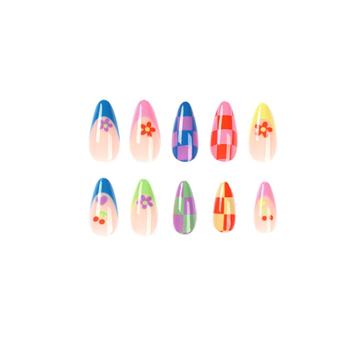 MISUD Press on Nails - Medium Almond Glue on Nails with Summer Colorful, Acrylic Rainbow Flower Design 24 pcs