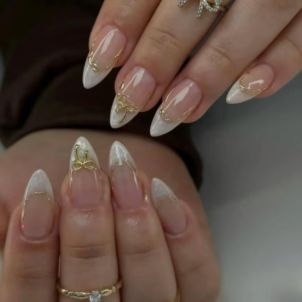 MAGLFELL Press On Nails Almond Shape Hnadmade Fake Nails, Acrylic Nails Cute Bow French Reusable Artificial Almond False Nails for Women (Size M)
